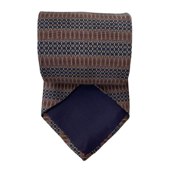Vintage 80s 90s Cape Cod 100% Silk Tie | Brown & Navy Geometric Striped, USA - Picture 3 of 6